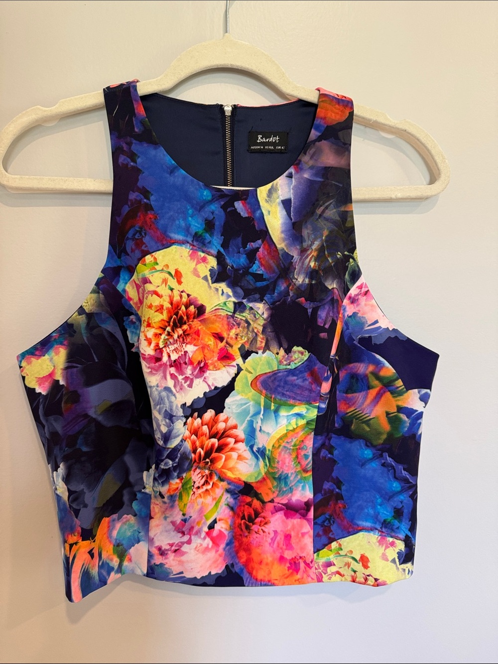 Bardot Floral Crop Top with Vibrant Multicolor Floral Print- Size 10/L
